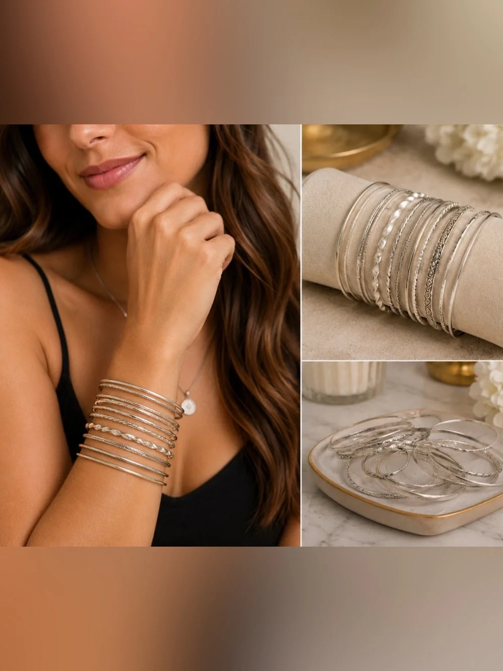 Silver Tone Bangle Bracelet Set 12 Piece Stackable Mixed Metal Bundle